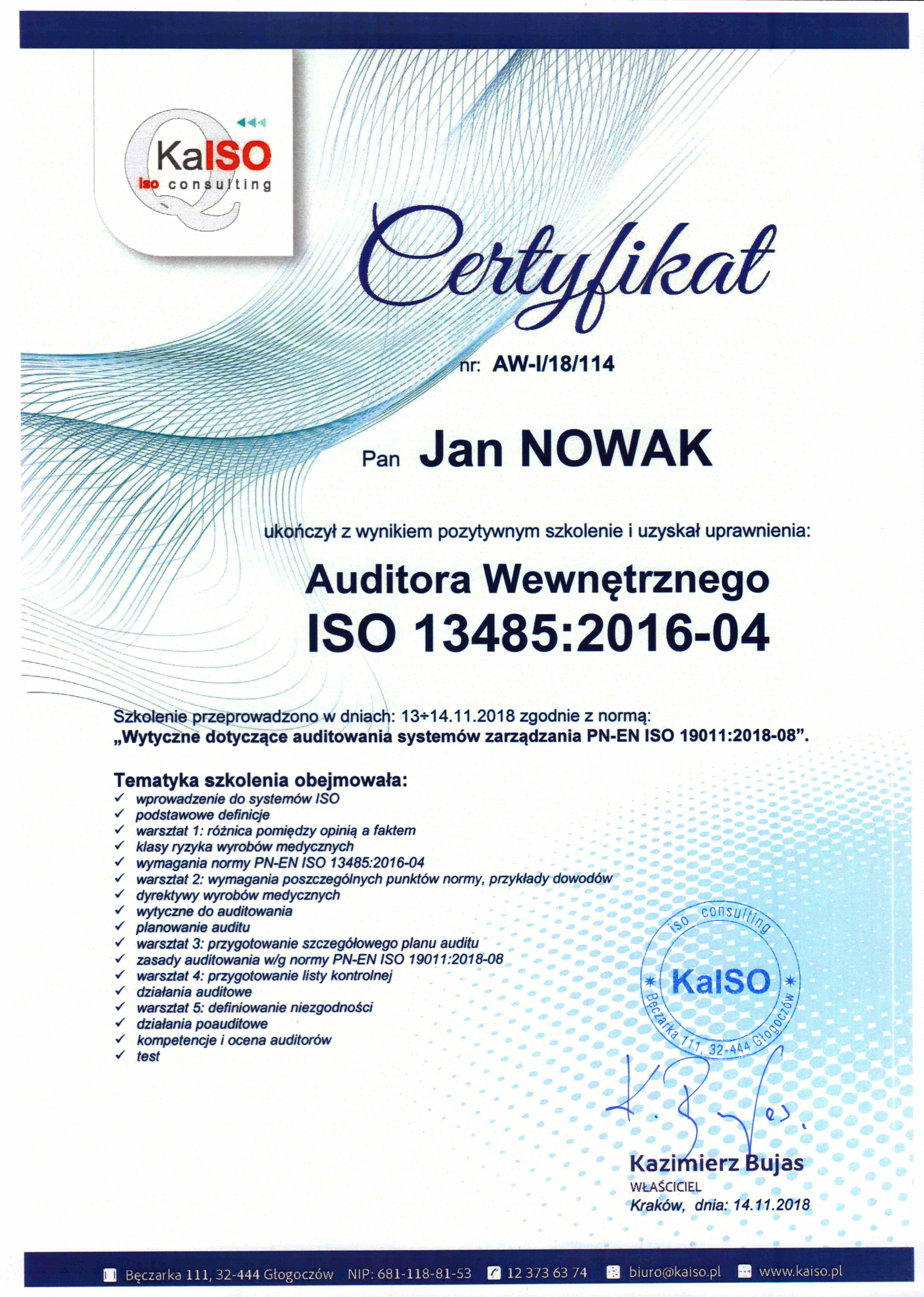 Certyfikat Auditora Wewnętrznego ISO 13485